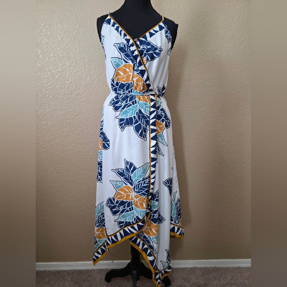 * Nine West Scarf Printed Wrap Dress. White Floral Maxi, Navy Mustard Accent LG - Picture 2 of 11